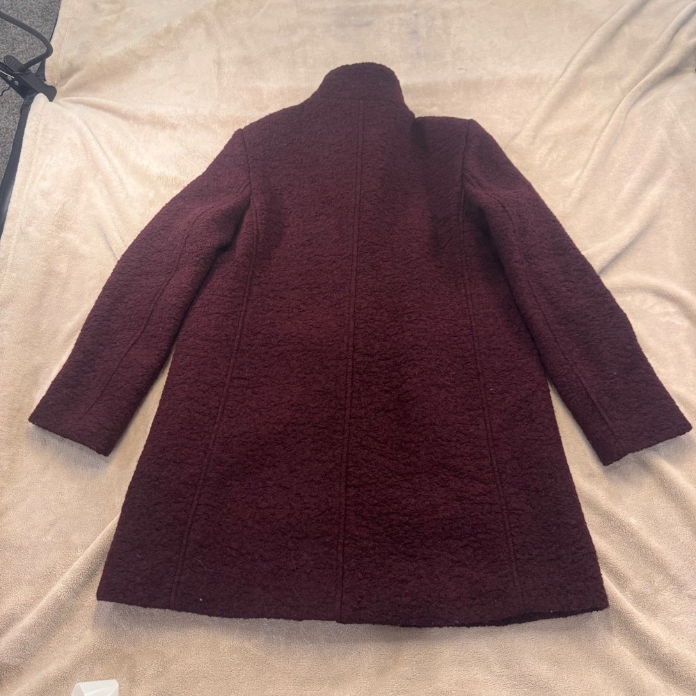 LOFT Burgundy Boucle Long Coat Gold Hardware Funnel Neck Fall Jacket SZ L - Picture 12 of 14